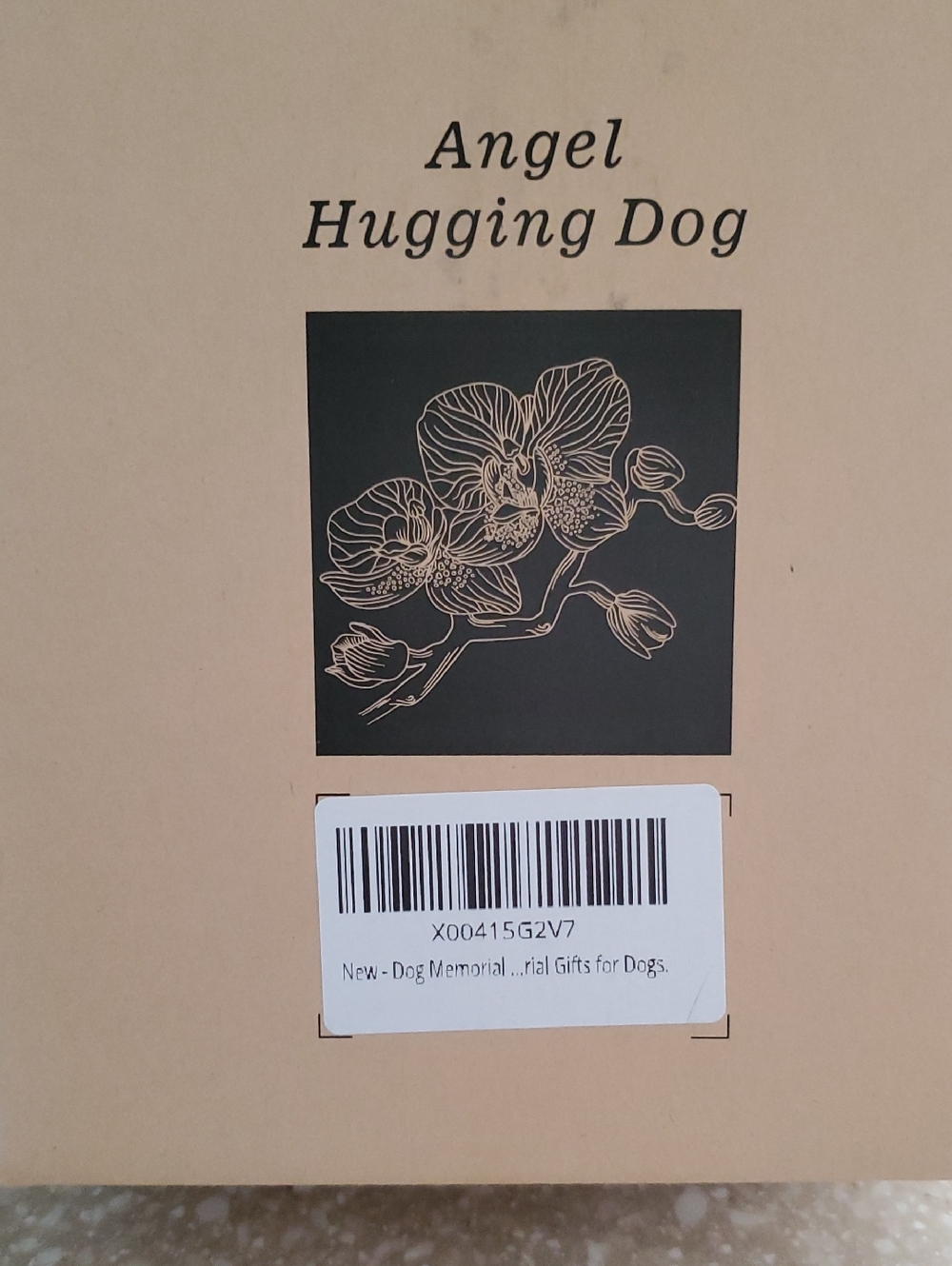 Angel Hugging Dog Memorial Box in Tan with Black Design